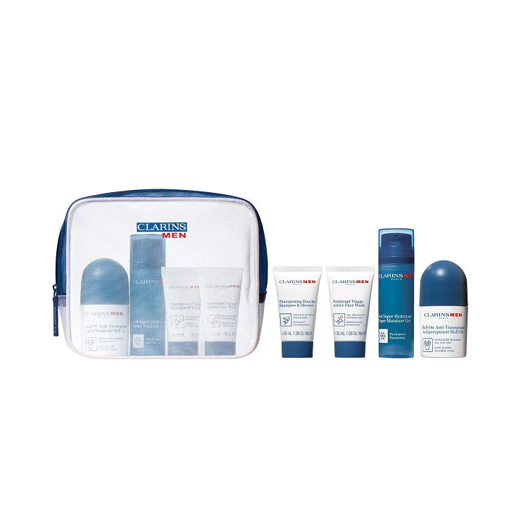 CLARINS MENS SET: SUPER MOISTURE GEL 50ML + DEODRANT ROLL ON 50ML + SHAMPOO AND SHOWER  GEL 30ML + ACTIVE FACE WASH 30ML + EYE SERUM 3ML