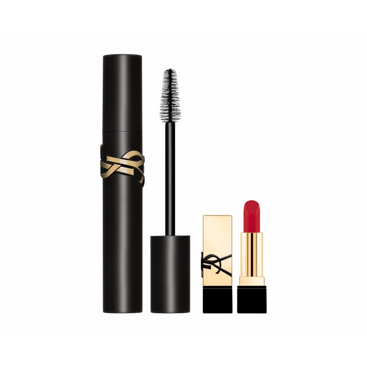YSL SET: LASH CLASH EXTREME VOLUME MASCARA NO1 BLACK 9ML +  ROUGE PUR COUTURE MINI RENO LIPSTICK