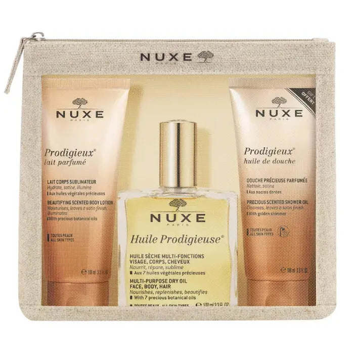 NUXE TRAVEL ESSENTIALS SET: PRODIGIEUX SCENTED BODY LOTION 100ML + PRODIGIEUSE OIL 100ML + SHOWER GEL 100ML