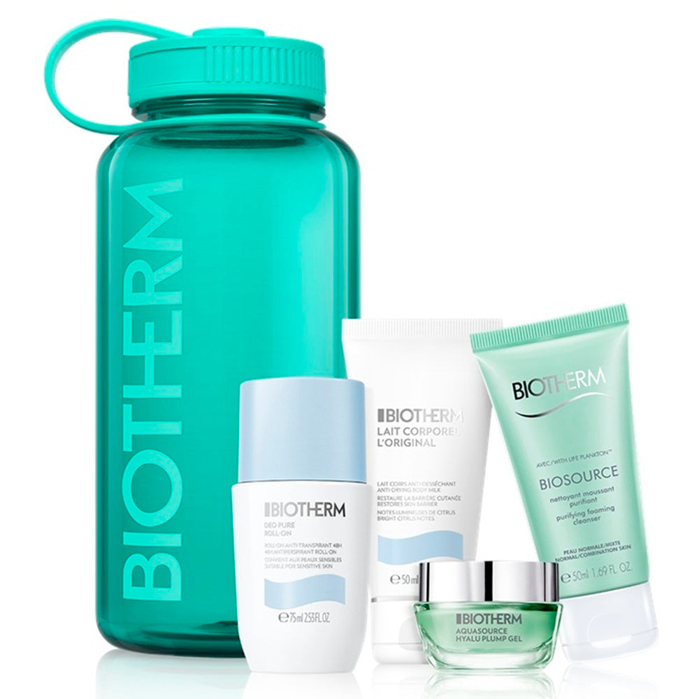 BIOTHERM SET: DEO PURE DEODORANT ROLL ON 75ML + LAIT CORPOREL BODY MILK 50ML+ CLEANSER 50ML  + AQUASOURCE HYALU PLUMP GEL 15ML