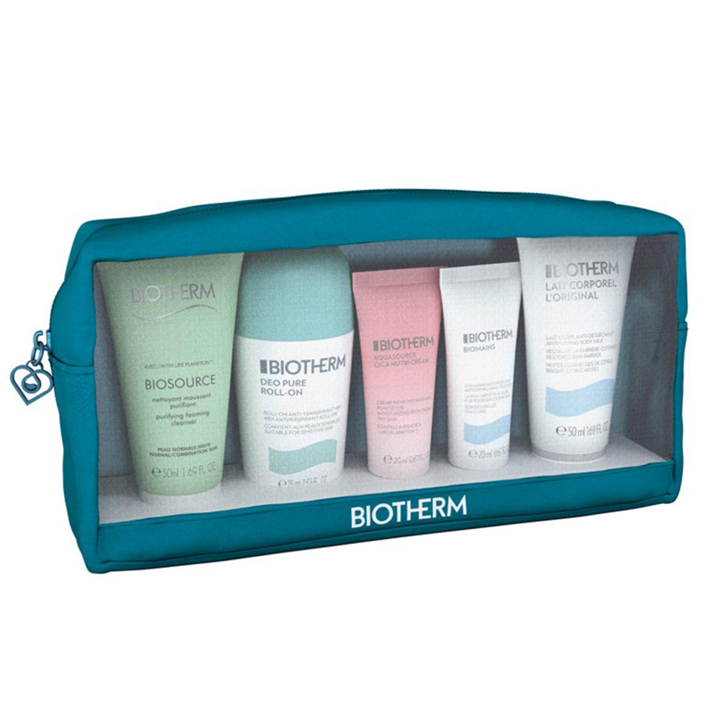 BIOTHERM AQUASOURCE SET: DEODORANT ROLL ON 75ML + FOAMING CLEANSER 50ML + BIOMAINS 20ML + LAIT CORPOREL 50ML + NUTRI CREAM 20ML