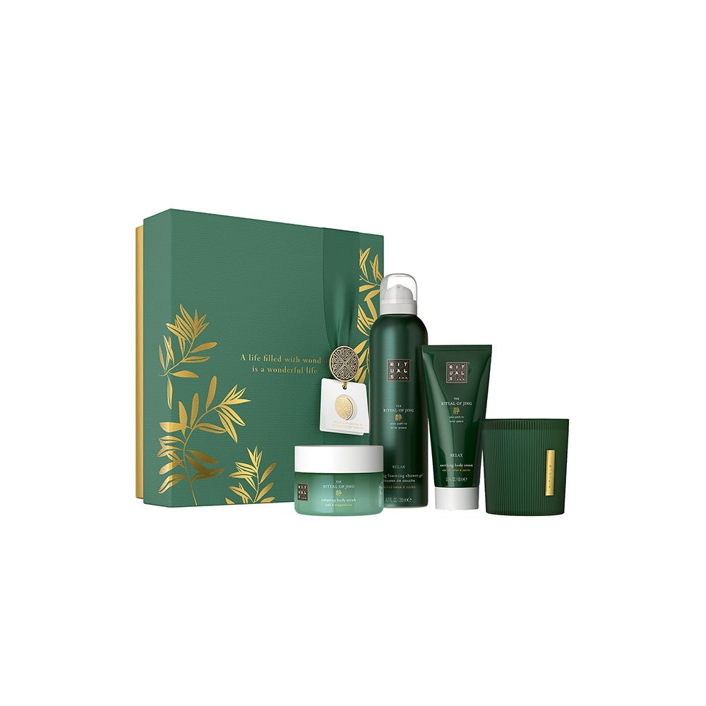 RITUALS JING SET: BODY CREAM 100ML + SCENTED CANDLE 140G +  BODY SCRUB 125G + FOAMING SHOWER GEL 200ML