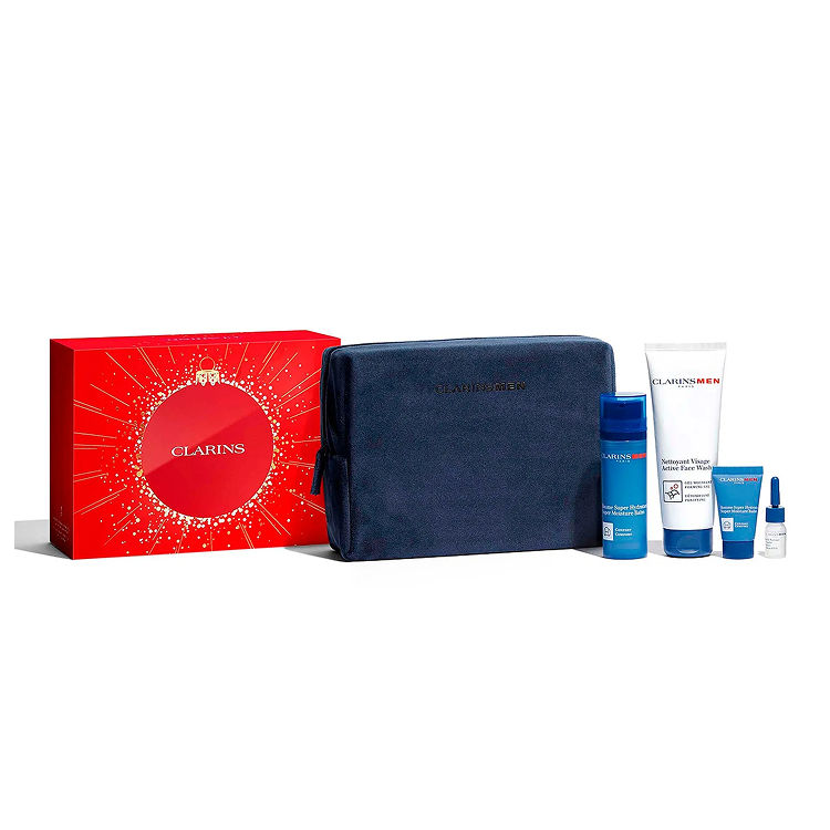 CLARINS MENS SET: SUPER MOISTURE BALM 50ML + FOAMING GEL 125ML +  SUPER MOISTURE BALM 12ML + SHAVE OIL 3ML