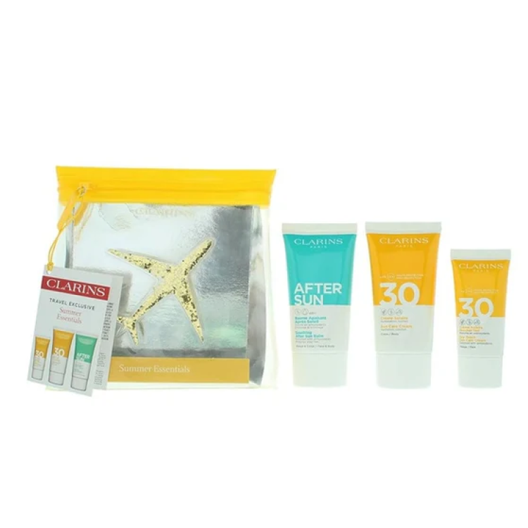 CLARINS ESSENTIAL SUNCARE TRAVEL SET  FC SPF50 30ML + BC SPF30 75ML + AS BALM 75ML