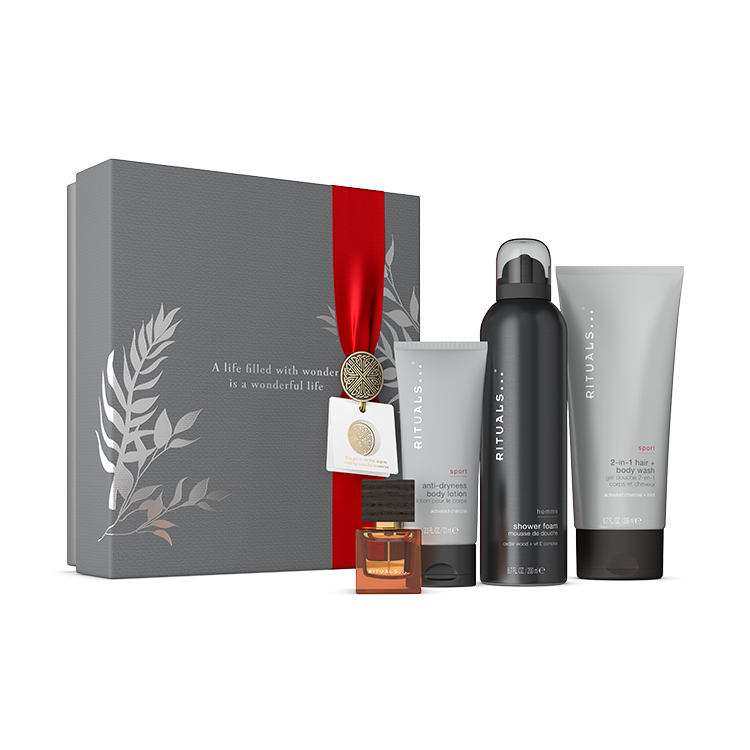 RITUALS HOMME SET: EDP 15ML + SPORT ANTI DRYNESS BODY LOTION 70ML  + SHAMPOO WASH 200ML + SHOWER FOAM 200ML