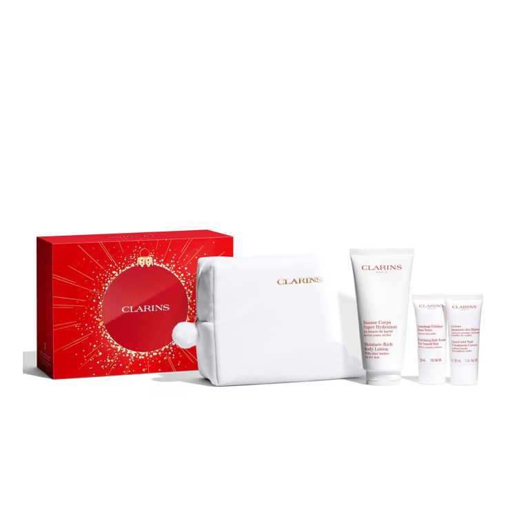 CLARINS BODY CARE SET: RICH BODY LOTION 200ML + HAND AND NAIL TREATMENT CREAM  30ML + BODY SCRUB 30ML