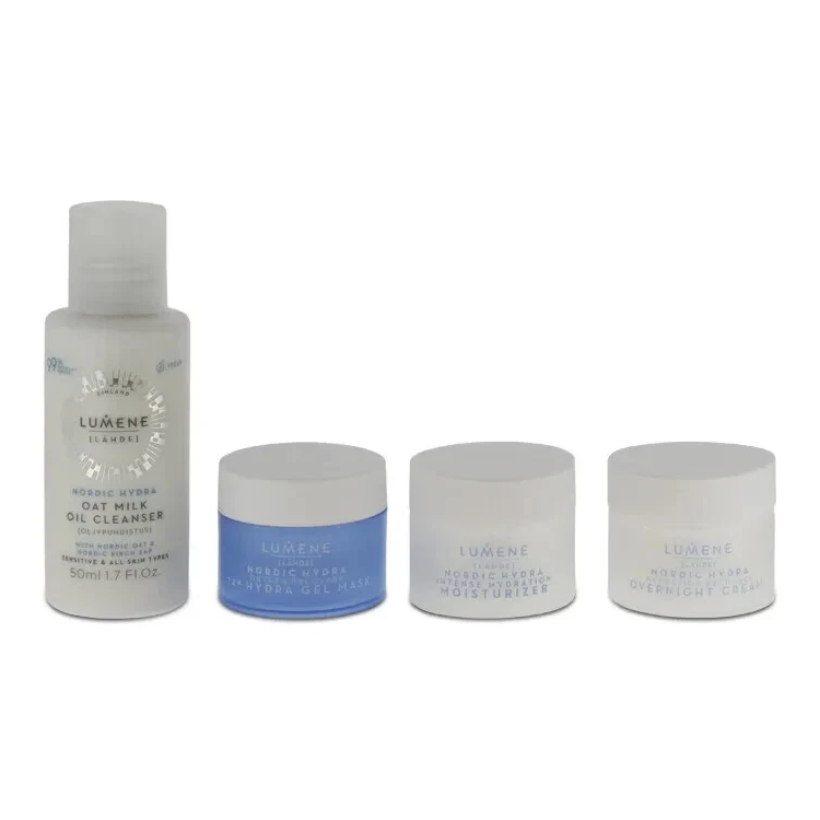 LUMENE NORDIC SET: OAK MILK CLEANSER 50ML + GEL MASK  15ML + NIGHT CREAM 15ML + MOISTURIZER 15ML