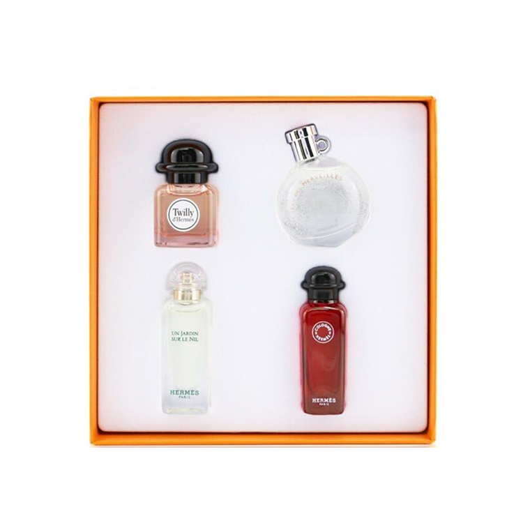HERMES WOMENS MINI SET: 4X7.5ML - TWILLY EDP + UN JARDIN SUR LE NIL EDT + EAU DES MARVEILLES EDT +  EAU DE RHUBARBE EDC