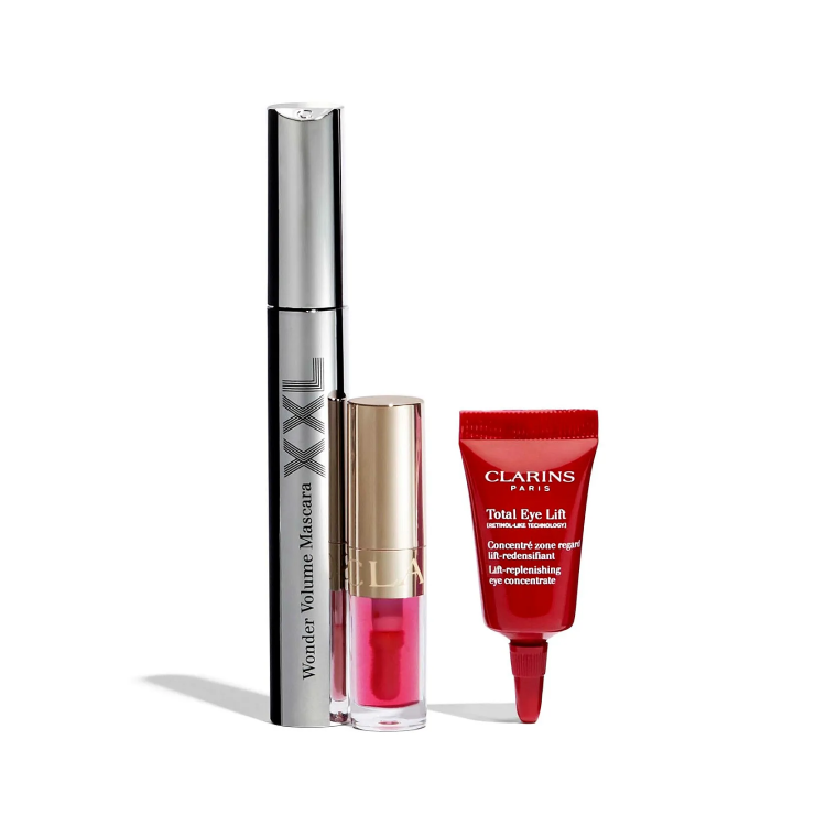 CLARINS SET: WONDER XXL MASCARA 8ML + LIP COMFORT OIL 1.4ML +  TOTAL EYE LIFT CREAM 3ML