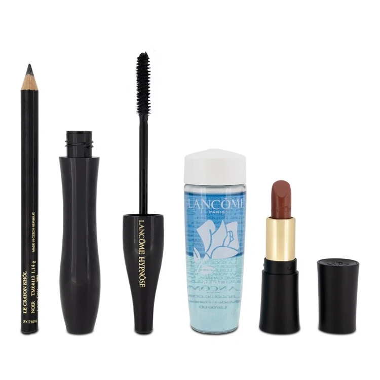 LANCOME SET: MASCARA 6.2ML NO1 BLACK + LIPSTICK 1.6G NO274 + CLEANSER 30ML + EYE PENCIL BLK 1.14G