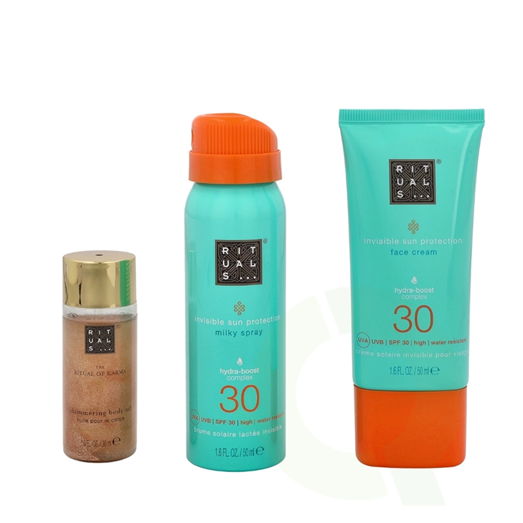 RITUALS KARMA SET: SHIMMERING BODY OIL 30ML + SUN PROTECTION FACE CREAM SPF30 50ML + SUN PROTECTION MILKY SPRAY SPF30 50ML