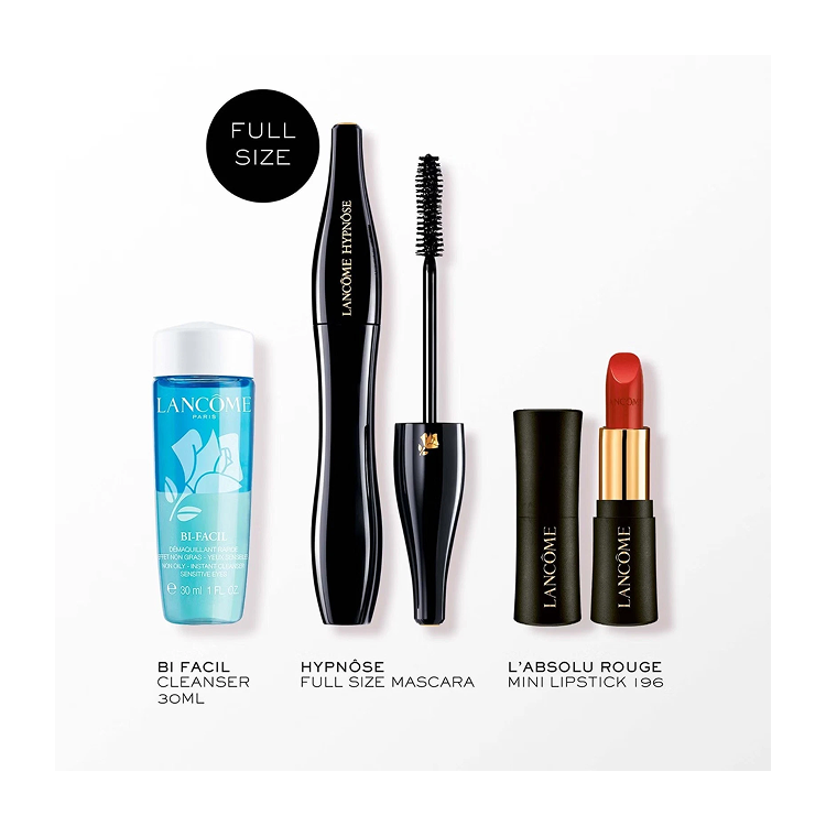 LANCOME MIXED SET: HYPNOSE MASCARA NO1 BLACK 6.2ML + BI-FACIL EYE MAKE-UP REMOVER 30ML +  L'ABSOLU ROUGE MINI LIPSTICK N391