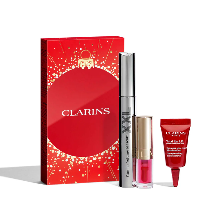 CLARINS SET: WONDER XXL MASCARA 8ML + LIP COMFORT OIL 1.4ML +  TOTAL EYE LIFT CREAM 3ML