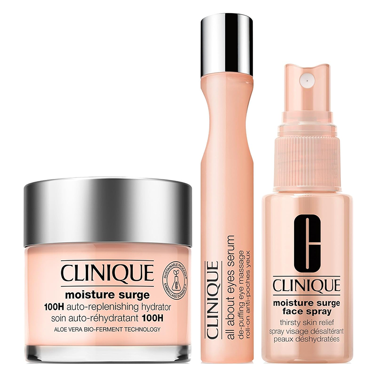 CLINIQUE MOISTURE SURGE SET: SERUM DE PUFFING EYE MASSAGE 15ML + CREAM 100H AUTO-REPLENISHING  HYDRATOR CREAM 75ML + MOISTURE SURGE FACE SPRAY 30