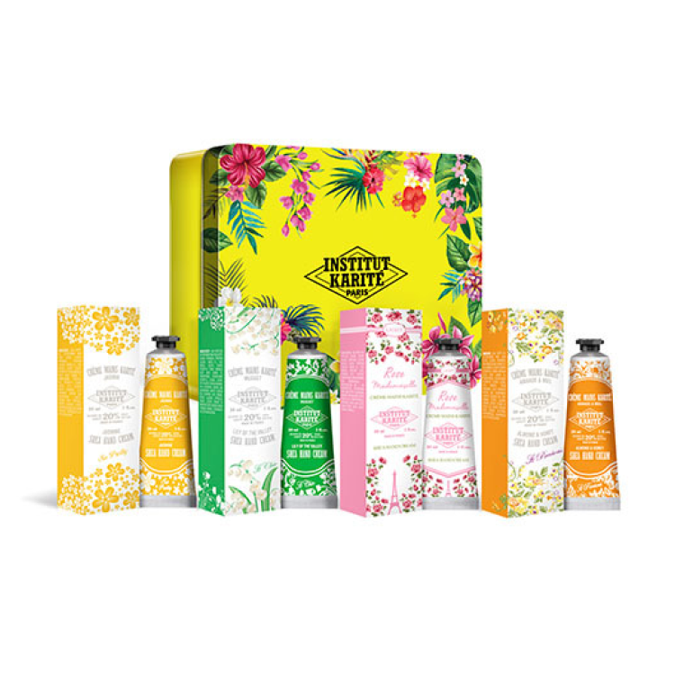 4 PCE METAL BOX JUNGLE IN PARIS 30ML SHEA HAND CREAMS - ALMOND & HONEY, LILY OF THE VALLEY,