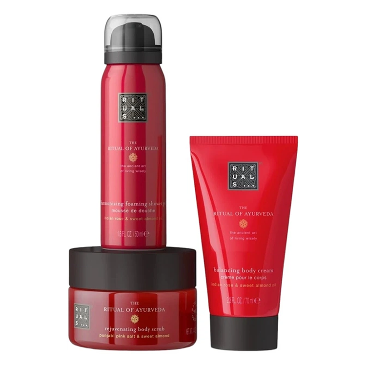 RITUALS AYURVEDA SET: BODY SCRUB 125G+ BODY CREAM 70ML  + FOAMING SHOWER GEL 50ML