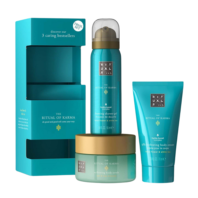 RITUALS KARMA SET: 48HR HYDRATING BODY CREAM 70ML + FOAMING SHOWER GEL 50ML +  SOFTENING BODY SCRUB 125G