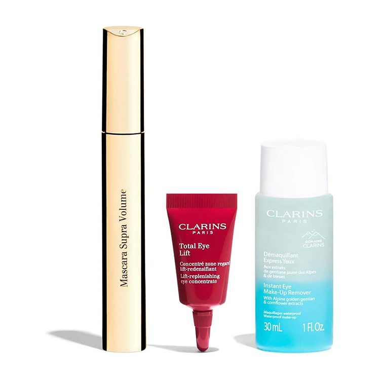 CLARINS SUPRA VOLUME SET: SUPRA VOLUME MASCARA 8ML + EYE LIFT CREAM 3ML+ INSTANT EYE MAKE UP REMOVER