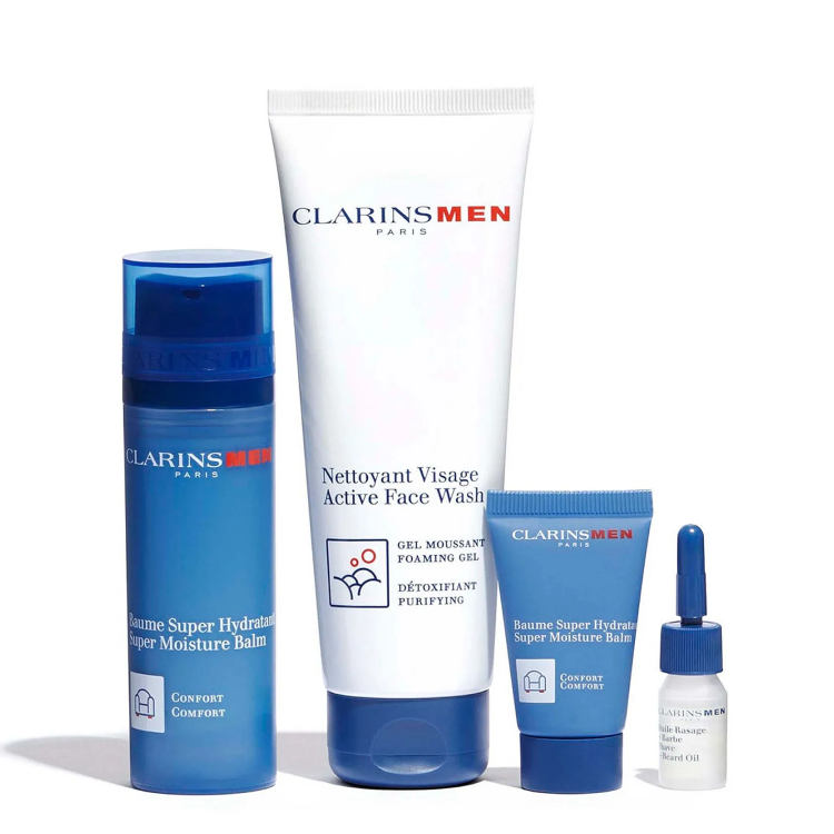 CLARINS MENS SET: SUPER MOISTURE BALM 50ML + FOAMING GEL 125ML +  SUPER MOISTURE BALM 12ML + SHAVE OIL 3ML