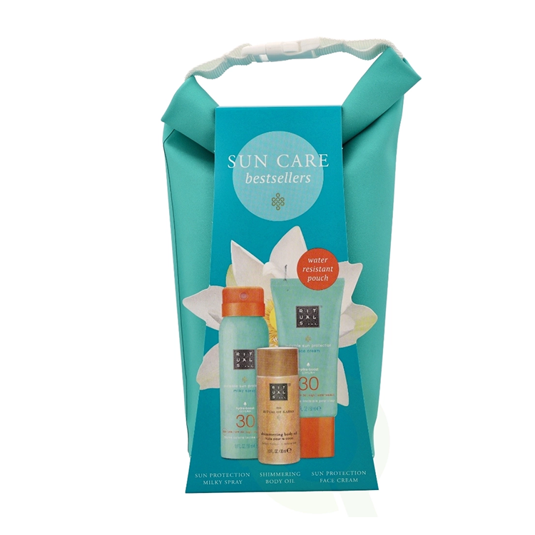 RITUALS KARMA SET: SHIMMERING BODY OIL 30ML + SUN PROTECTION FACE CREAM SPF30 50ML + SUN PROTECTION MILKY SPRAY SPF30 50ML
