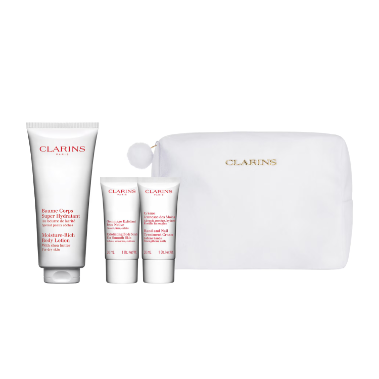 CLARINS BODY CARE SET: RICH BODY LOTION 200ML + HAND AND NAIL TREATMENT CREAM  30ML + BODY SCRUB 30ML