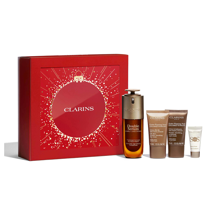 CLARINS MIXED SET: DOUBLE SERUM 50ML + EXTRA FIRMING DAY CREAM 15ML + EXTRA FIRMING NIGHT CREAM 15ML + SOS PRIMER WHITE 5ML