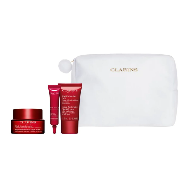 CLARINS MIXED SET: SUPER RESTORATIVE DAY CREAM 50ML + EYE LIFT CREAM 7ML + SUPER NIGHT CREAM 15ML + ESSENTIAL CARE DOUBLE SERUM 0.9ML