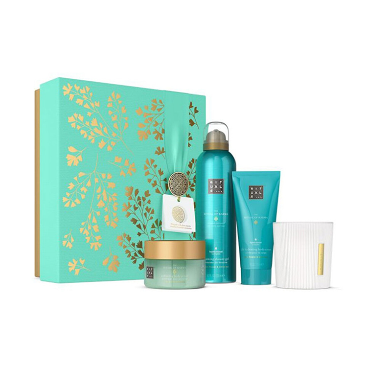 RITUALS KARMA SET: BODY CREAM 100ML + SCENTED CANDLE 140G +  BODY SCRUB 125G + FOAMING SHOWER GEL 200ML