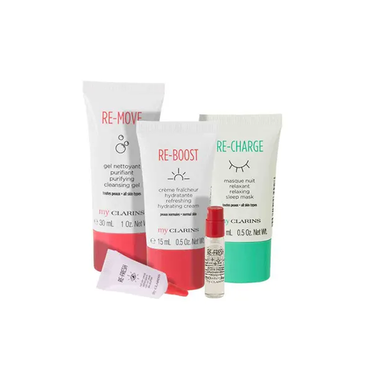 CLARINS GRAB AND GO SET: CLEANSING GEL 30ML + REBOOST CREAM 15ML + RECHARGE MASK 15ML + EYES 3ML
