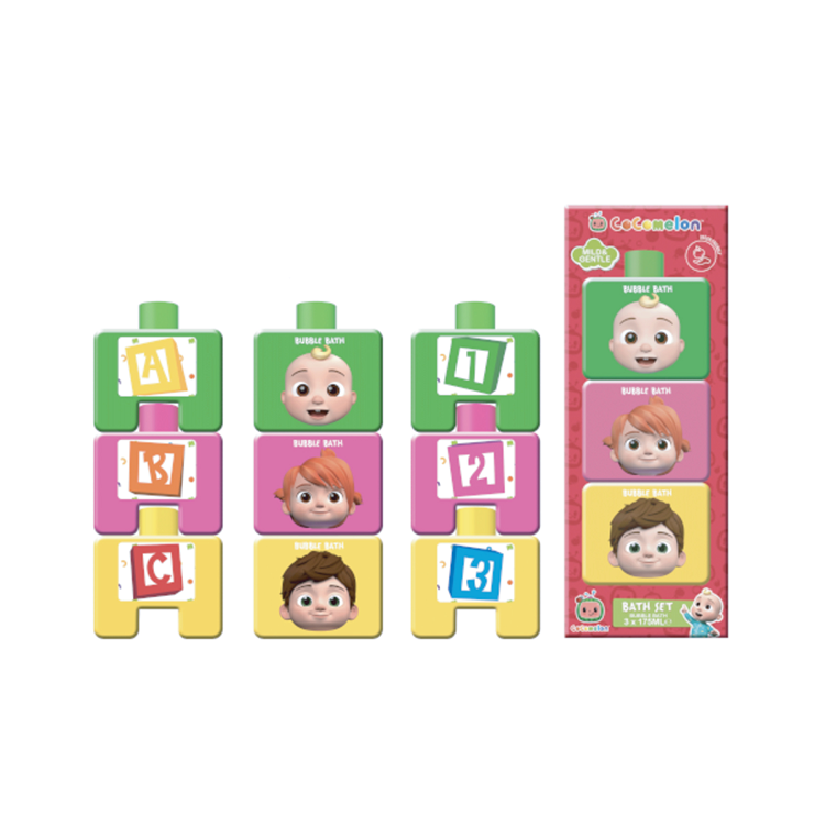 COCOMELON STACKABLE EDUCATIONAL BUBBLE BATH BOTTLES 3 x 175ML