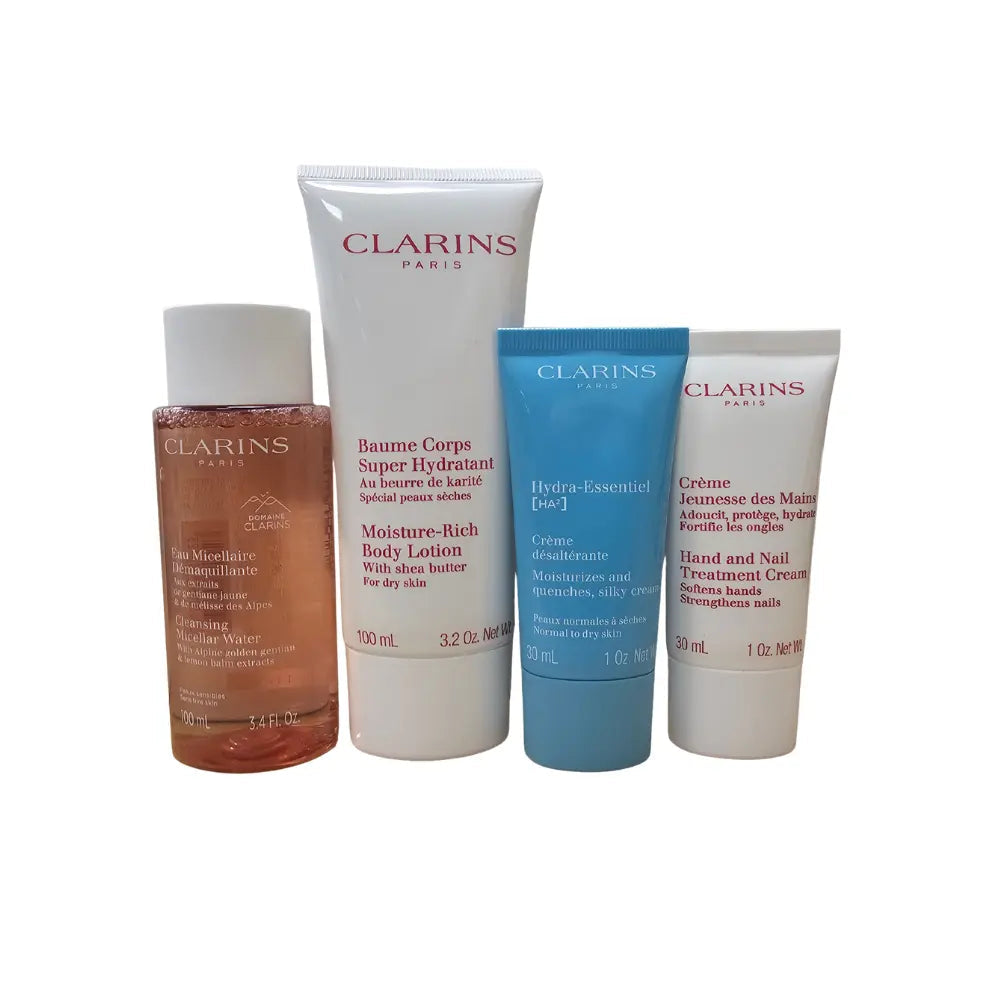 CLARINS MIXED SET: RICH BODY LOTION 100ML + CLEANSING MICELLAR WATER 100ML + HYDRA-ESSENTIAL  HYDRATING CREAM 30ML + HAND AND NAIL TREATMENT 30M