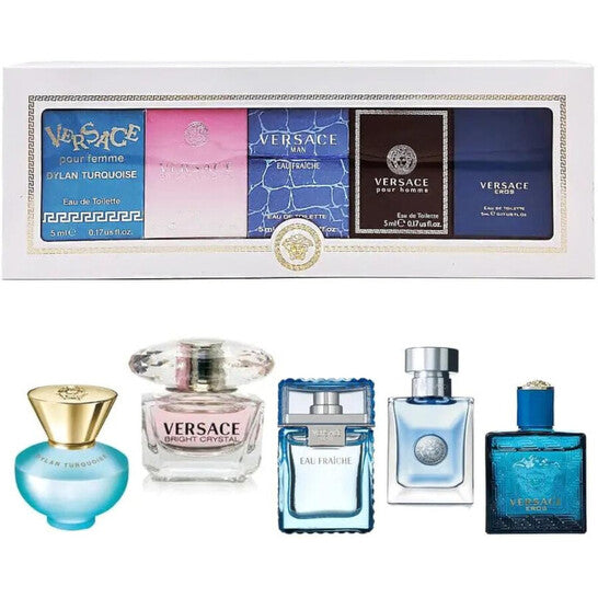 VERSACE 5ML SET: DYLAN PURPLE EDP+BRIGHT CRYSTAL EDT+ EAU FRAICHE EDT+POUR HOMME EDT+EROS EDT